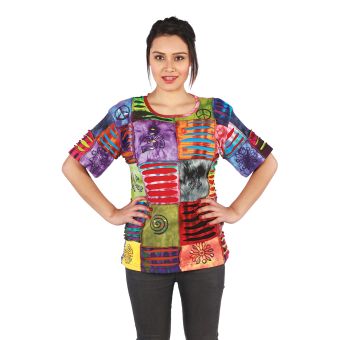 Razor Cut Patchwork Scoop Neck Half Sleeve Cotton Top