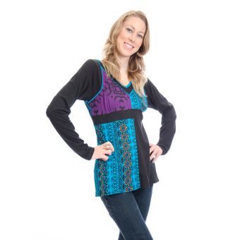 Black & Purple Abstract V-Neck Full Sleeve Cotton Top