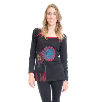 Red & Black Abstract Full Sleeve Cotton Top