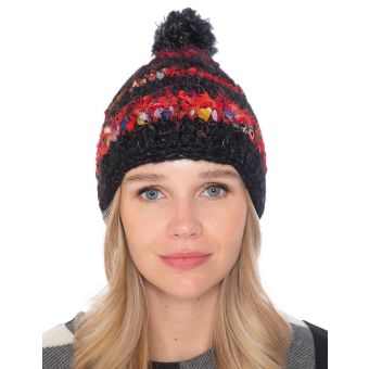 Pom Pom Beanie with Recycled Silk Stripes